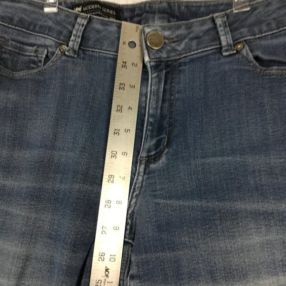Lee Womens Jeans Boot Cut Curvy Blue Denim Stone Wash Mid Rise Whiskering 8 - Picture 7 of 16